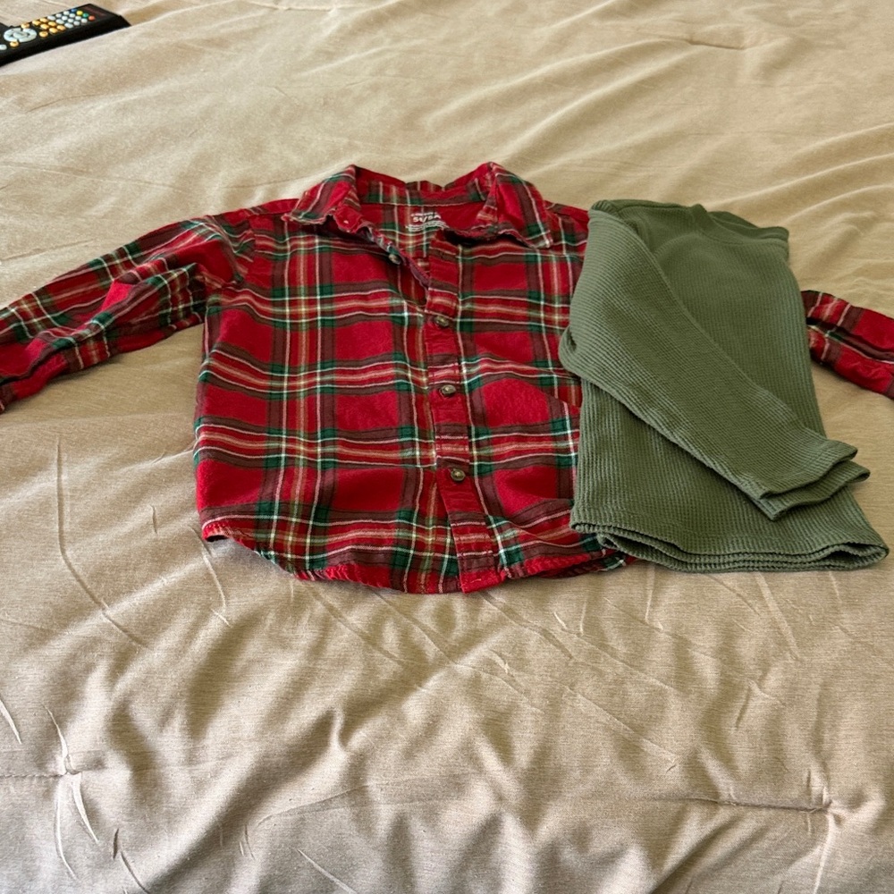 Carter's Red Plaid Button-Down Shirt with Olive Green Thermal Top